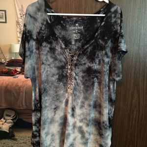 American Eagle Blue Lace Up Tie Dye Shirt